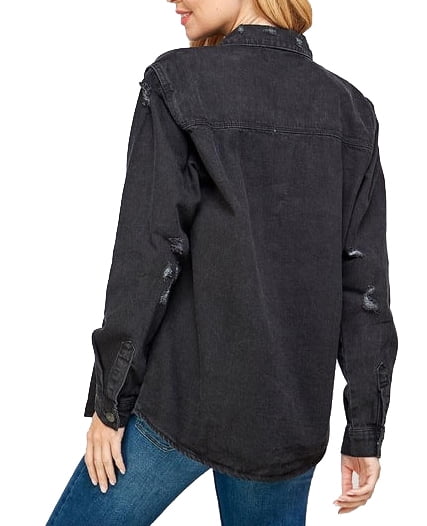 Buy Solid Distressed Denim Shirt with Long Sleeves and Flap Pockets |  Splash KSA